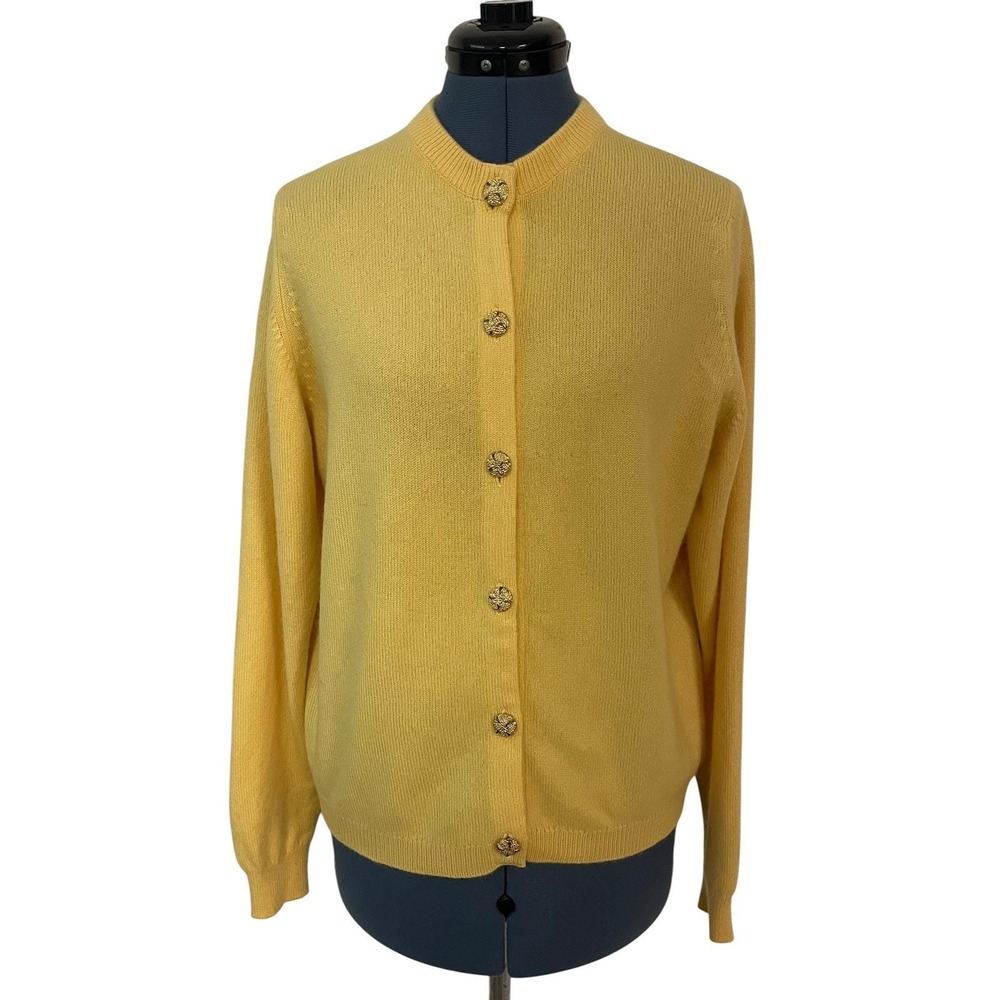 Vtg Ballantyne Womens Yellow Cashmere Gold Button Up Cardigan Sweater Luxury 42